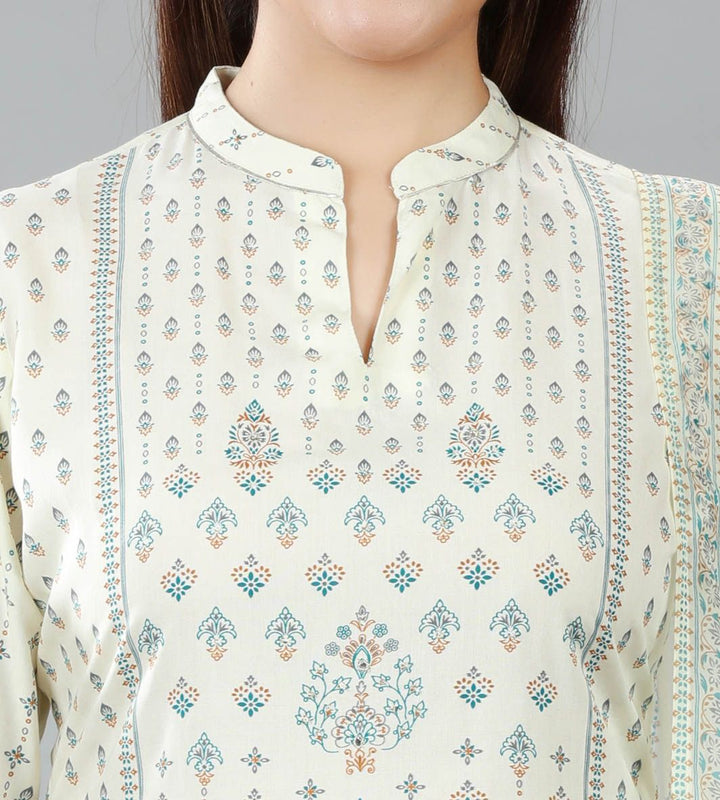 Cream Cotton Straight Printed Kurta Pant Suit Set