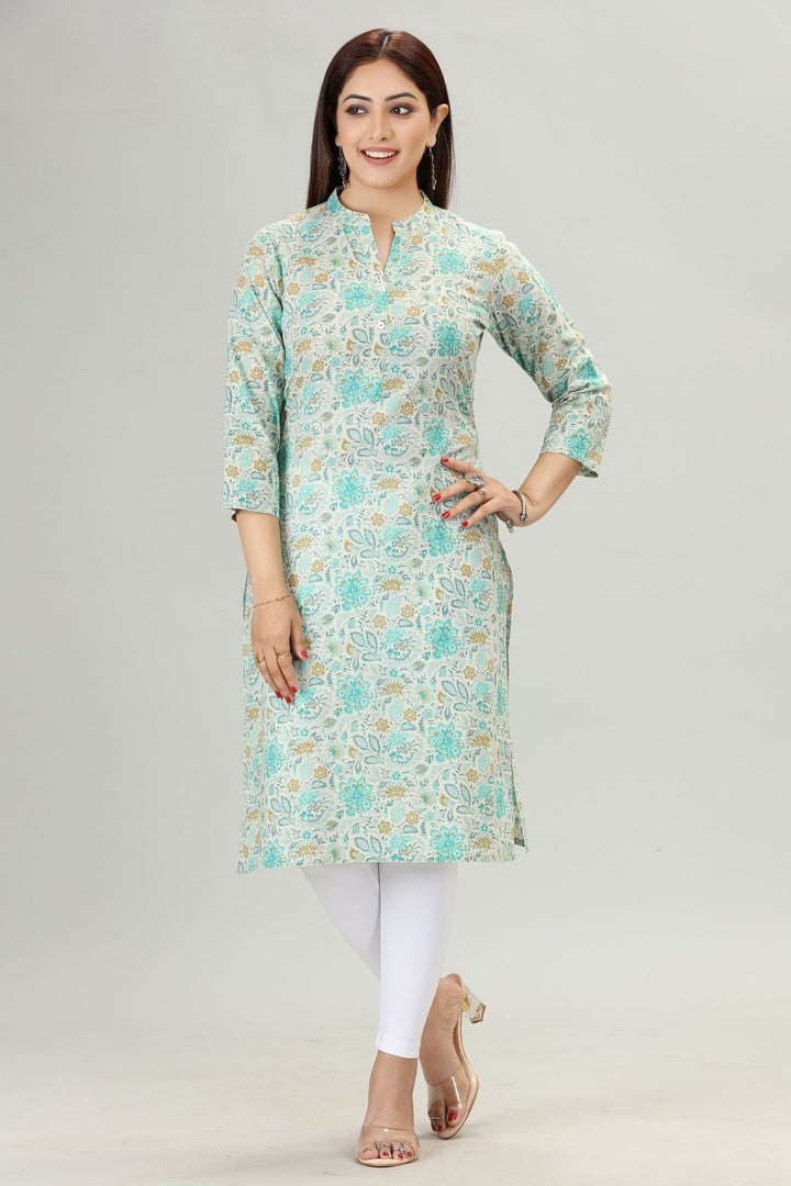 Sky Blue Cotton Straight Printed Kurta