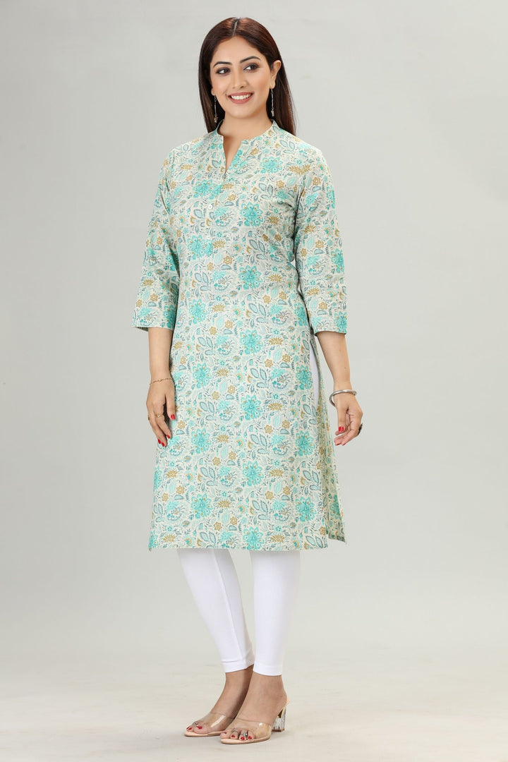 Sky Blue Cotton Straight Printed Kurta