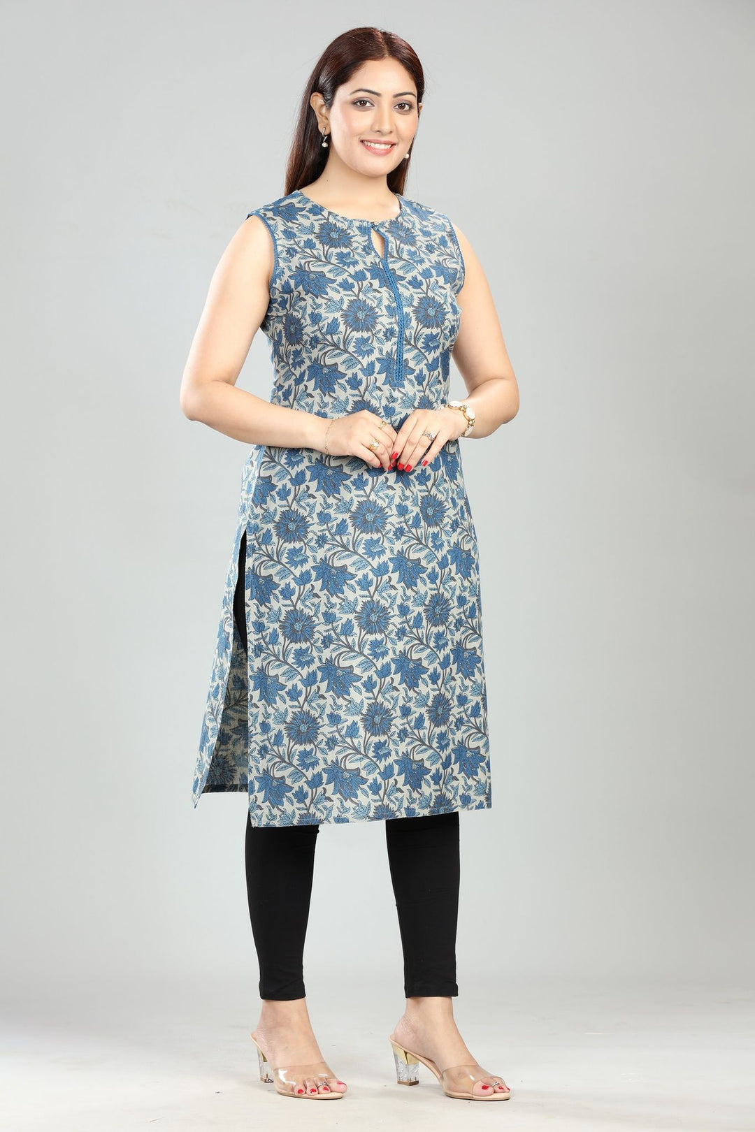 Navy Blue Cotton Sleeveless Printed Straight Kurti for women