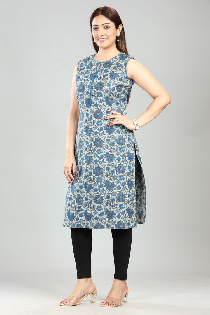 Navy Blue Cotton Sleeveless Printed Straight Kurti for women