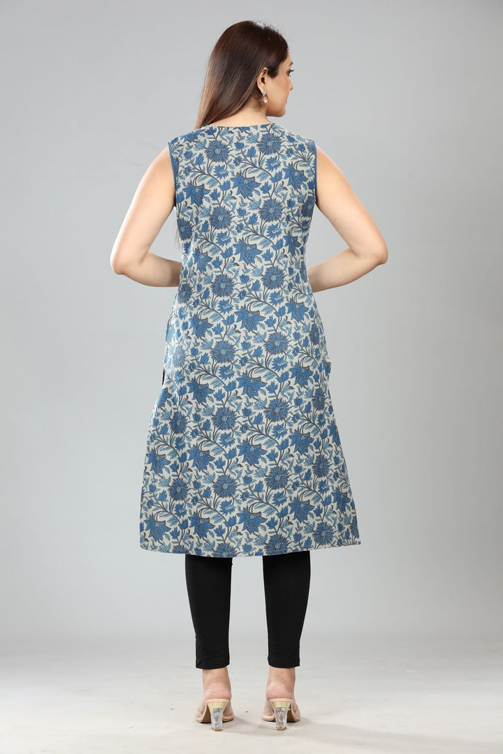 Navy Blue Cotton Sleeveless Printed Straight Kurti