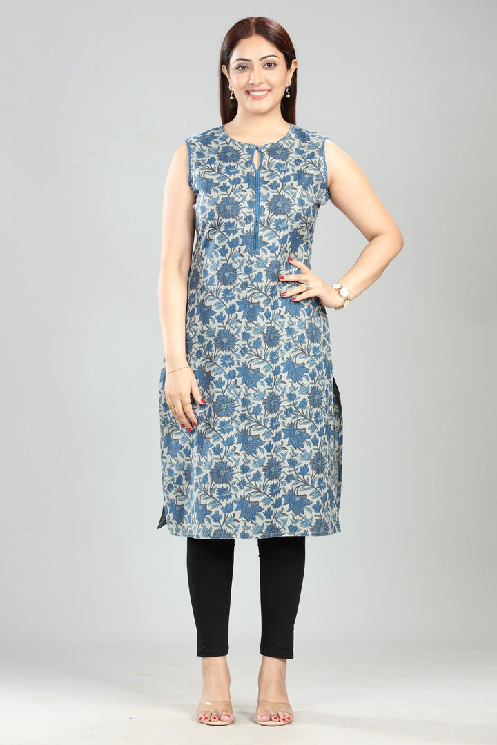 Navy Blue Cotton Sleeveless Printed Straight Kurti