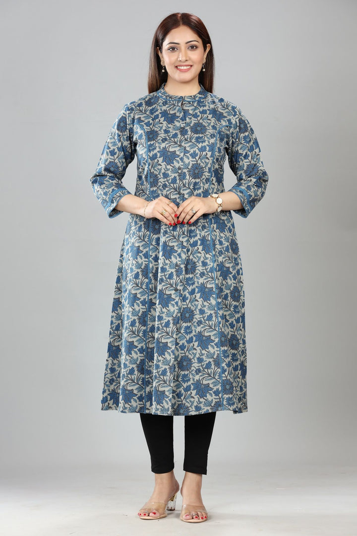 Navy Blue Cotton Printed Straight Kurta