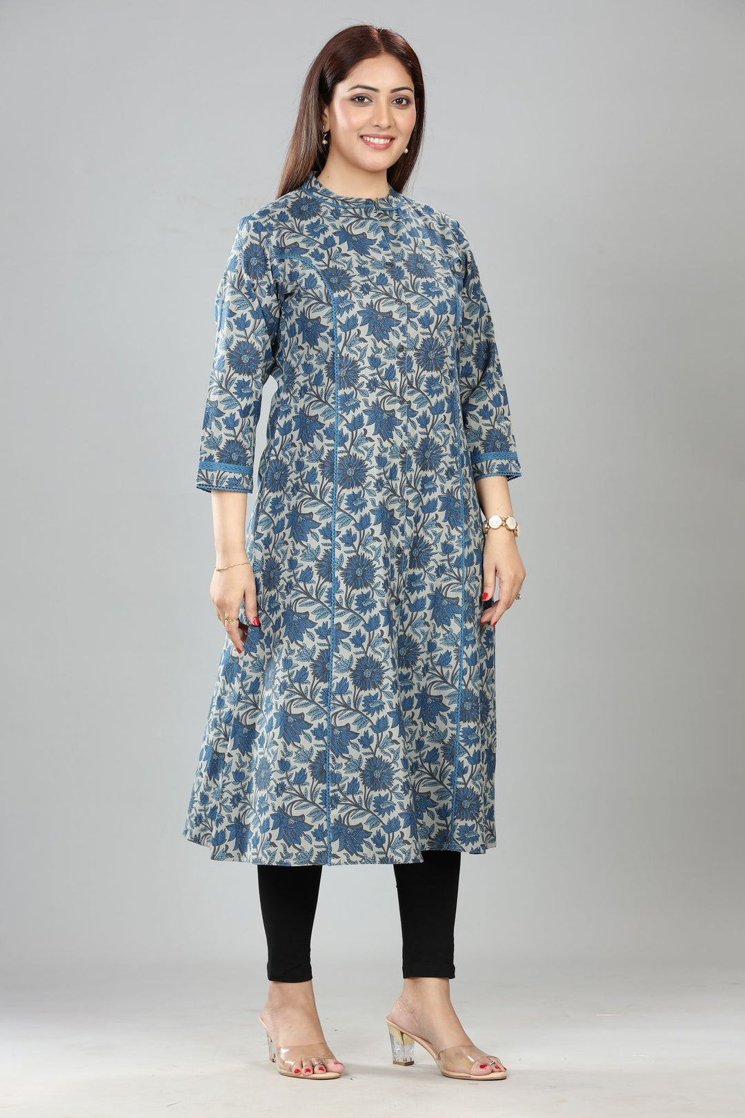 Navy Blue Cotton Printed Straight Kurta