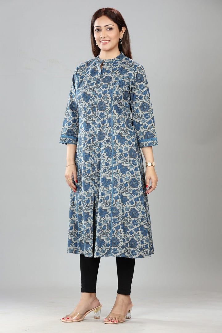 Navy Blue Cotton Printed Straight Kurta