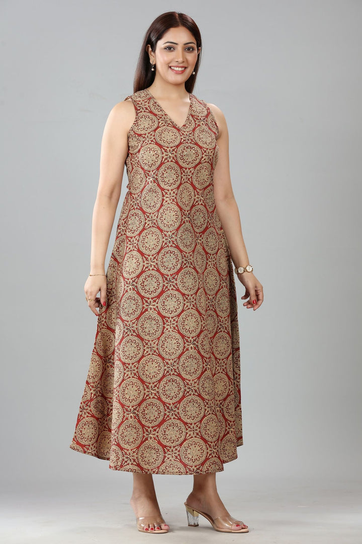 Beige Cotton A Line Printed Sleeveless Kurta