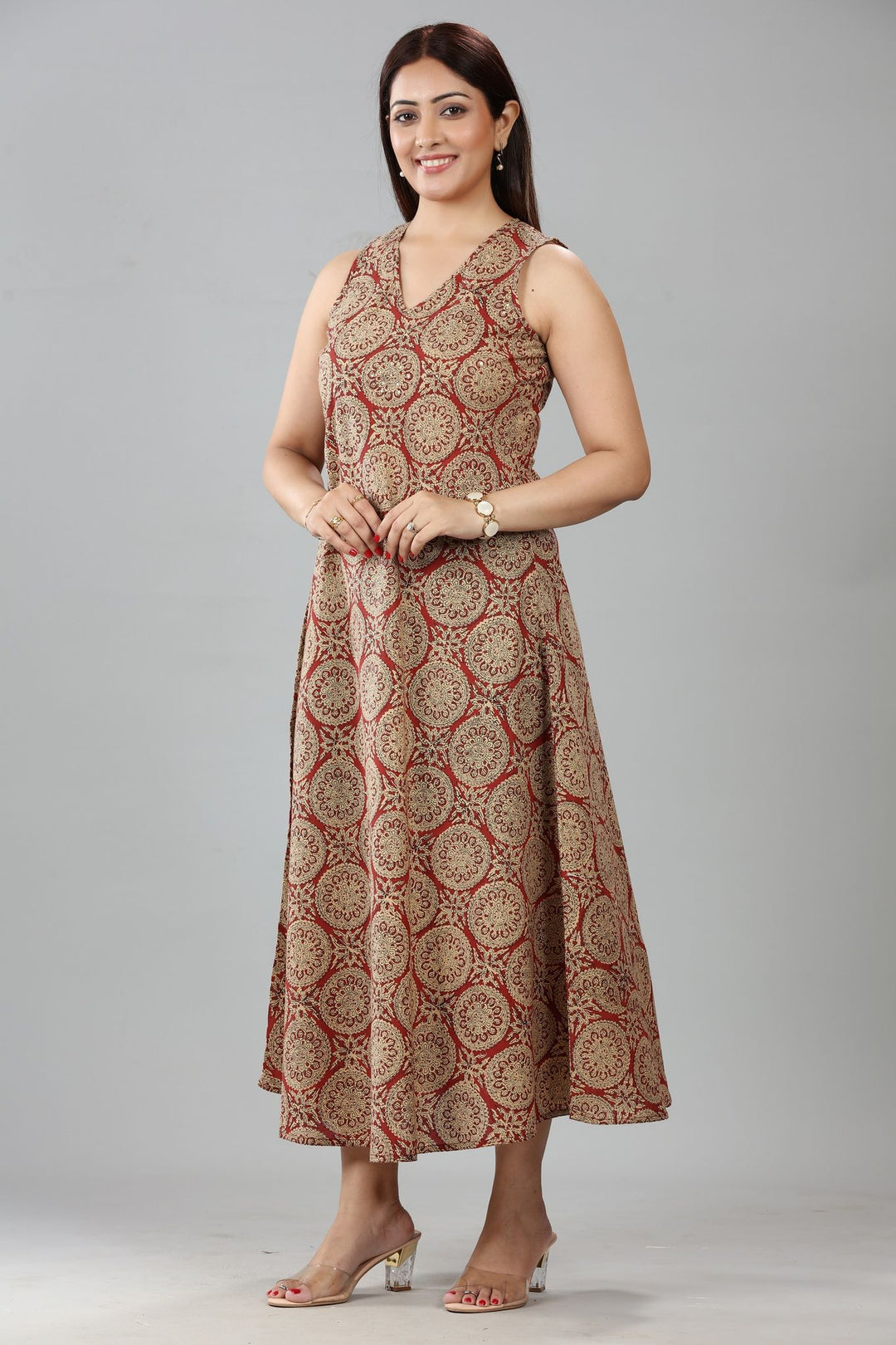 Beige Cotton A Line Printed Sleeveless Kurta