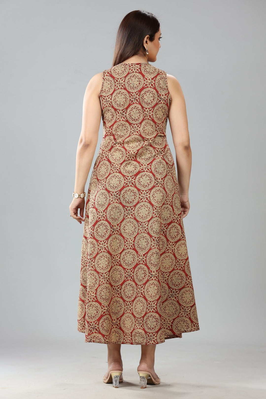 Beige Cotton A Line Printed Sleeveless Kurta