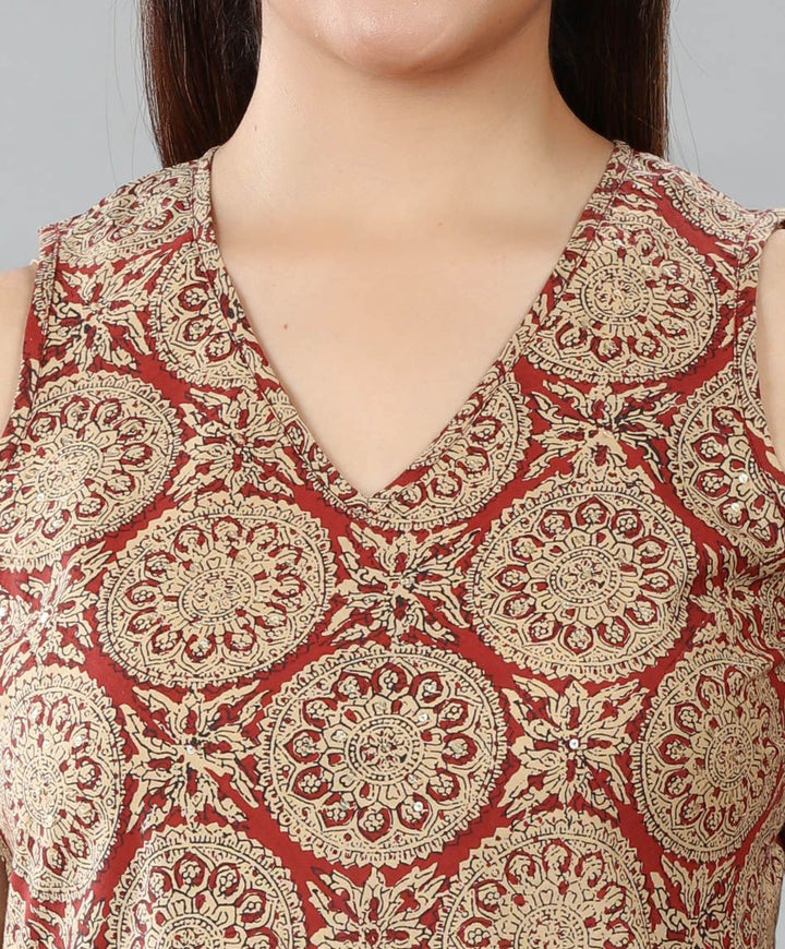 Beige Cotton A Line Printed Sleeveless Kurta