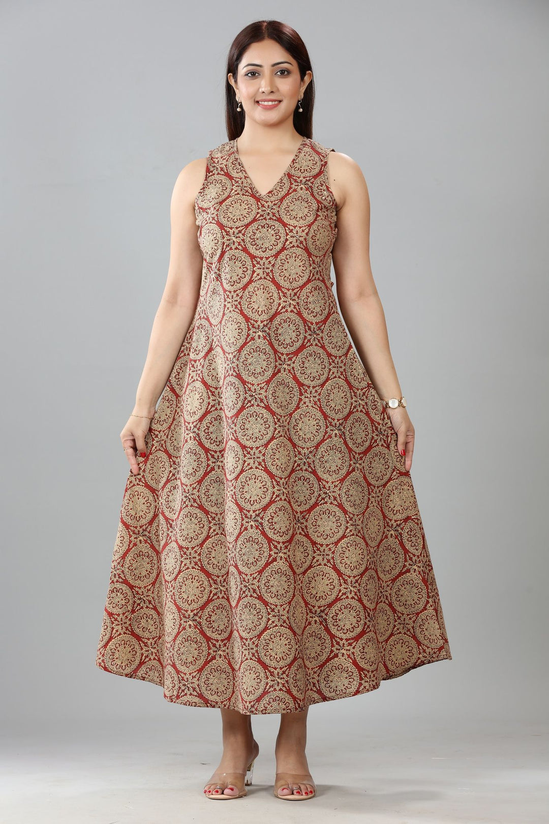 Beige Cotton A Line Printed Sleeveless Kurta