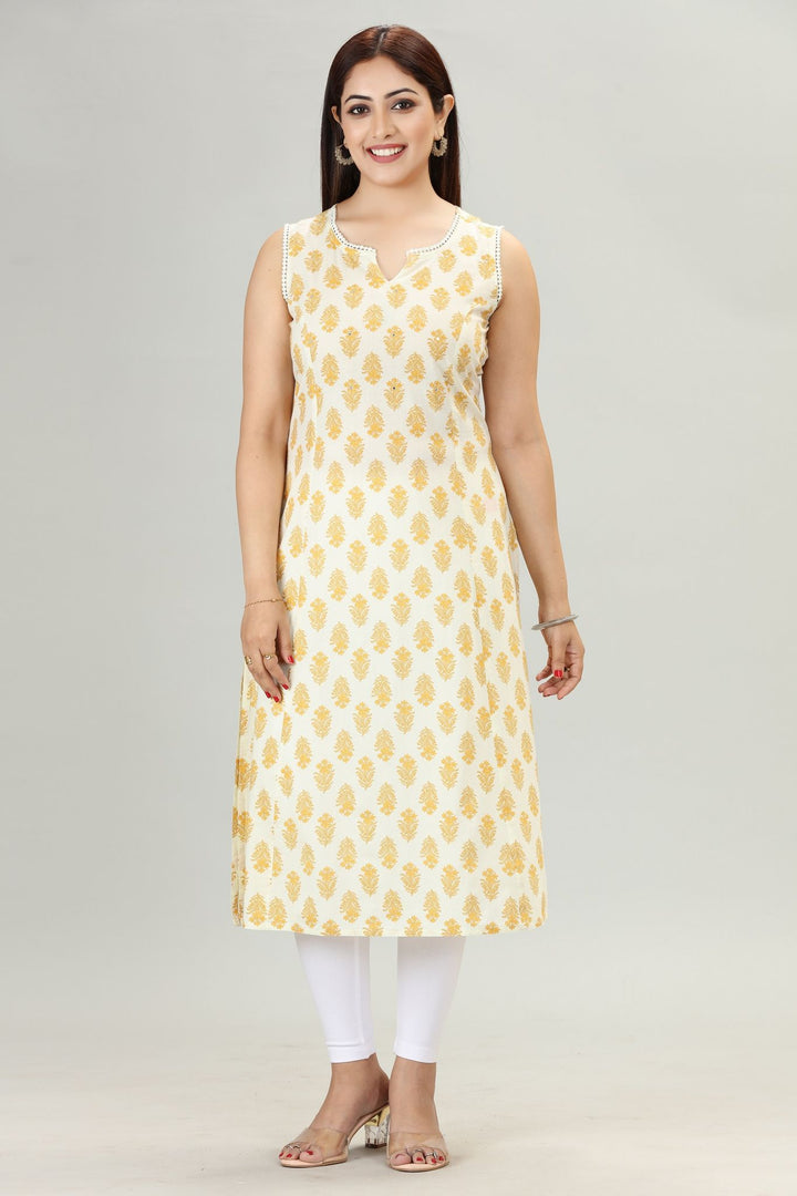 Yellow Cotton Straight Sleeveless Printed Kurta