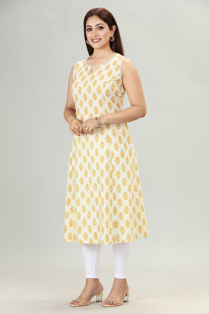 Yellow Cotton Straight Sleeveless Printed Kurta