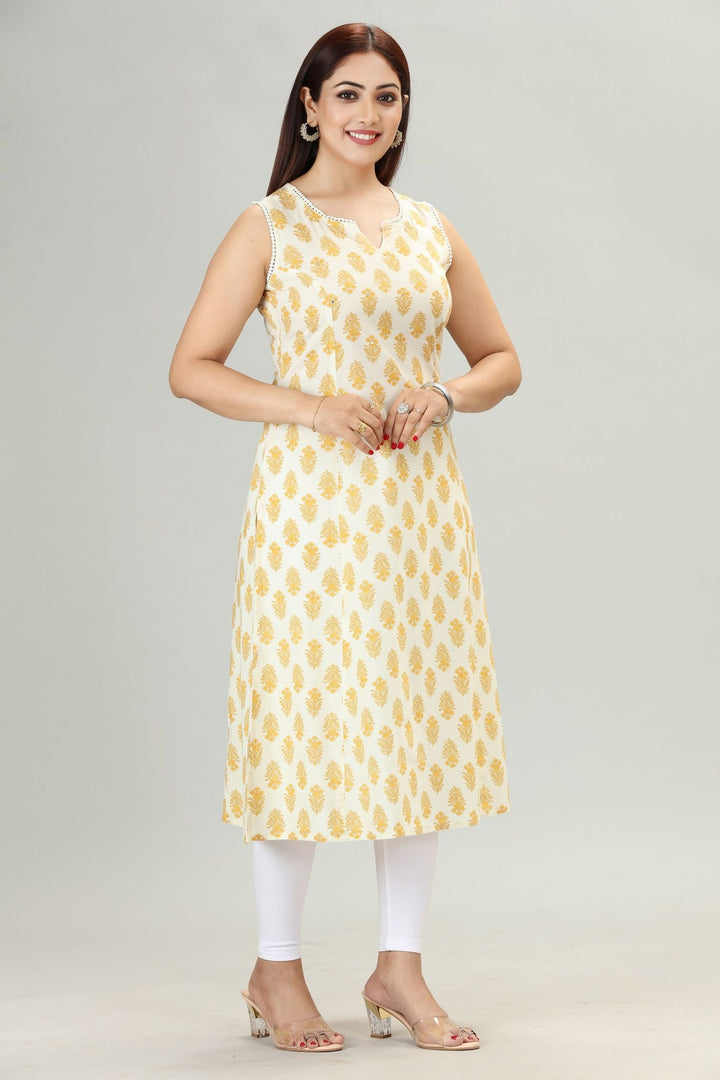 Yellow Cotton Straight Sleeveless Printed Kurta