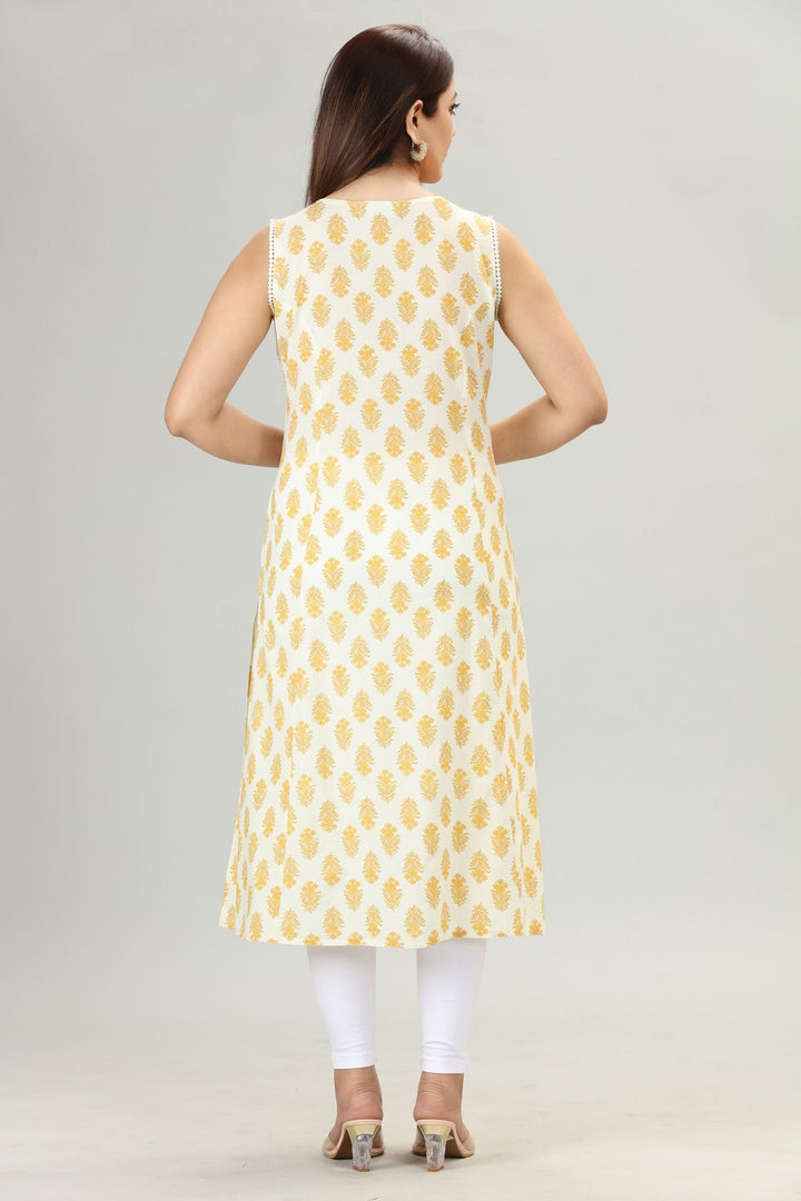 Yellow Cotton Straight Sleeveless Printed Kurta