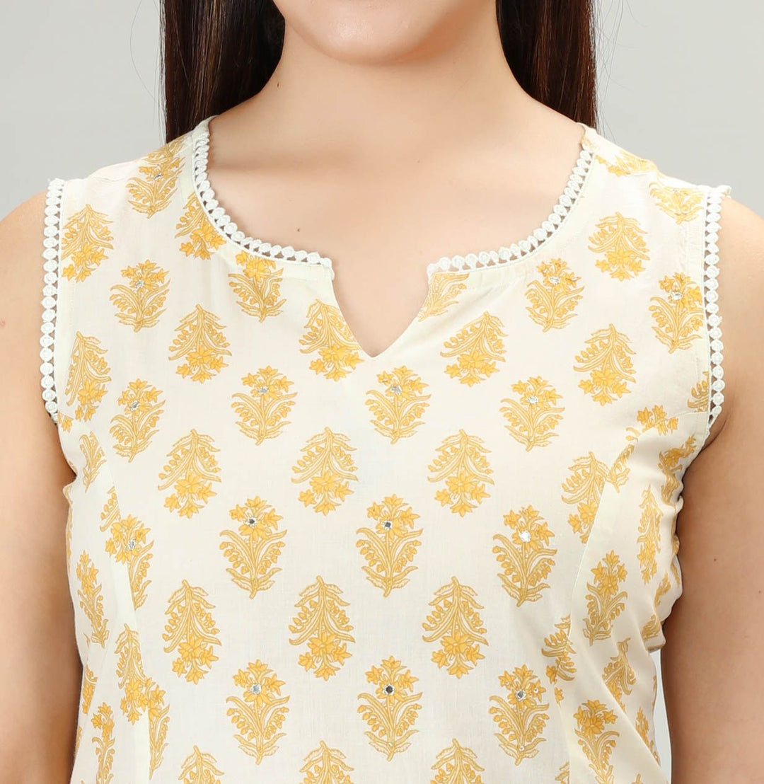 Yellow Cotton Straight Sleeveless Printed Kurta