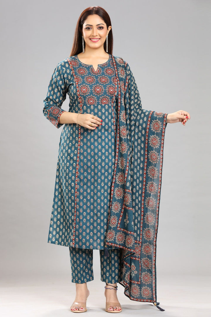 Turquoise Jaipuri Cotton A Line Printed Kurta Pant Suit Set