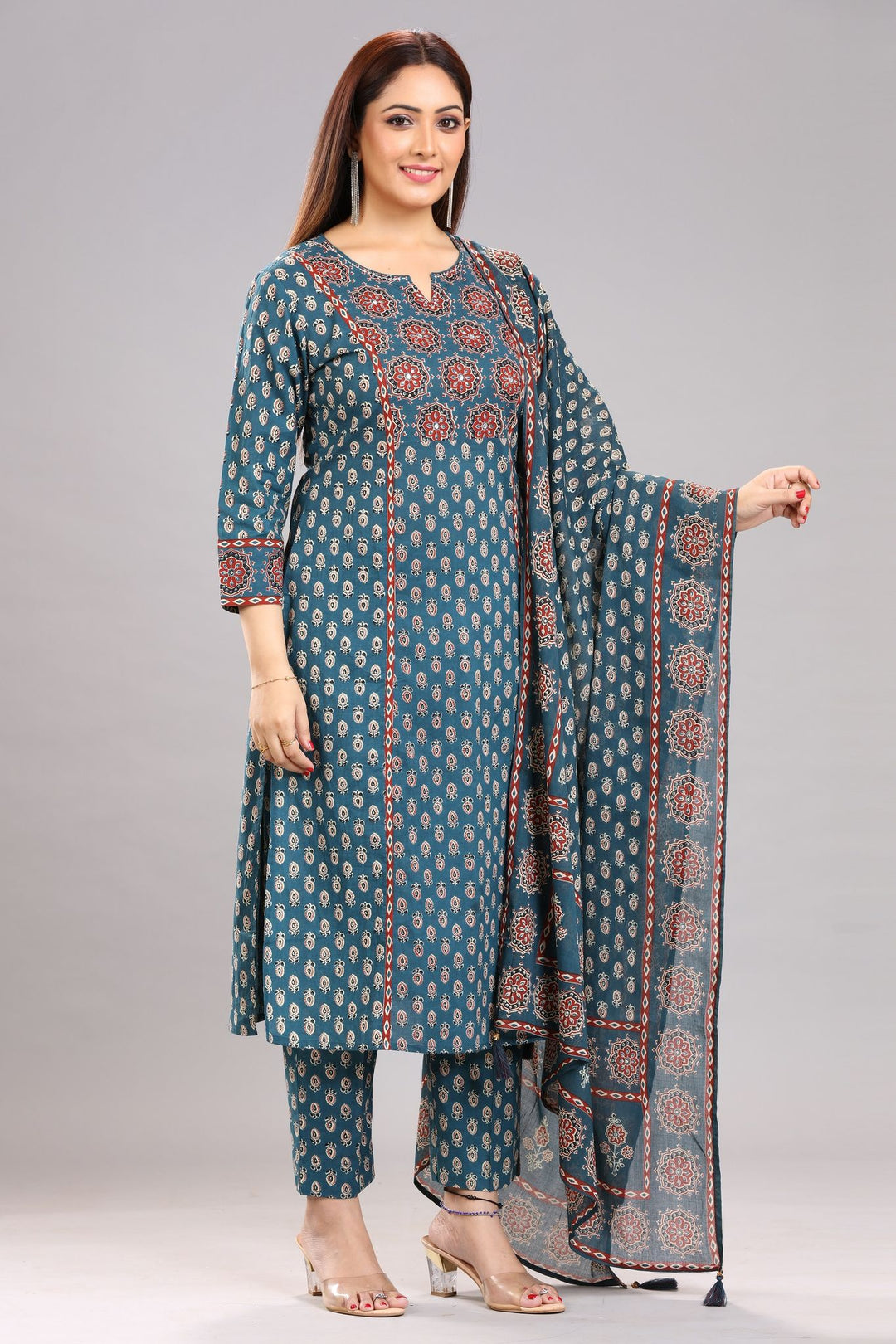 Turquoise Jaipuri Cotton A Line Printed Kurta Pant Suit Set