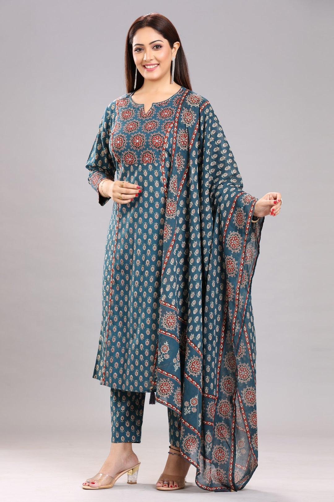 Turquoise Jaipuri Cotton A Line Printed Kurta Pant Suit Set