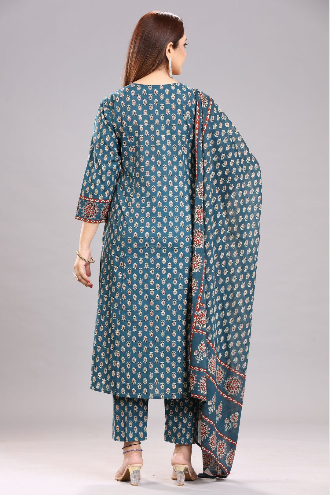 Turquoise Jaipuri Cotton A Line Printed Kurta Pant Suit Set