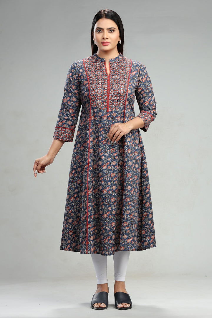 Navy Blue Jaipuri Cotton A Line Printed Kurta