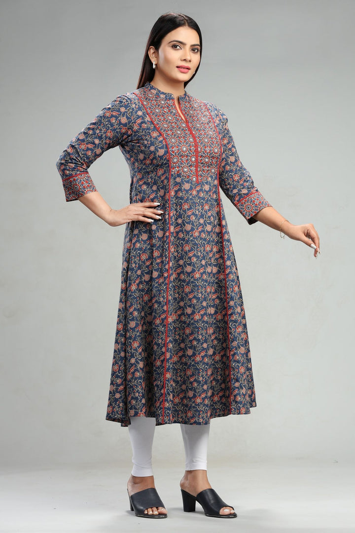 Navy Blue Jaipuri Cotton A Line Printed Kurta