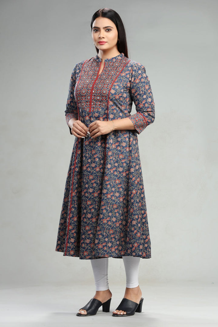 Navy Blue Jaipuri Cotton A Line Printed Kurta