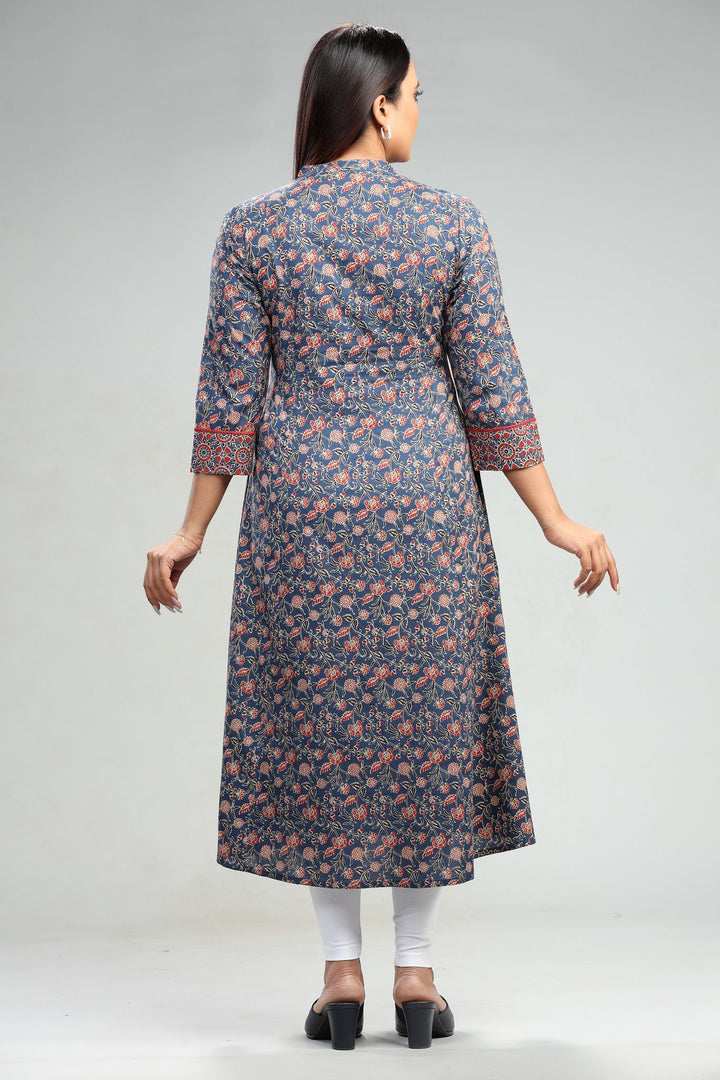 Navy Blue Jaipuri Cotton A Line Printed Kurta