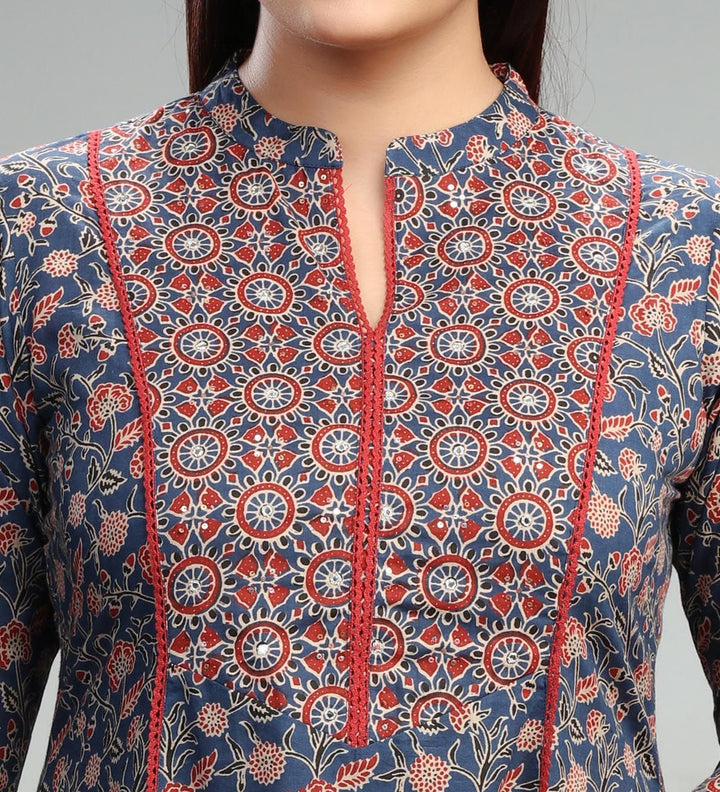 Navy Blue Jaipuri Cotton A Line Printed Kurta