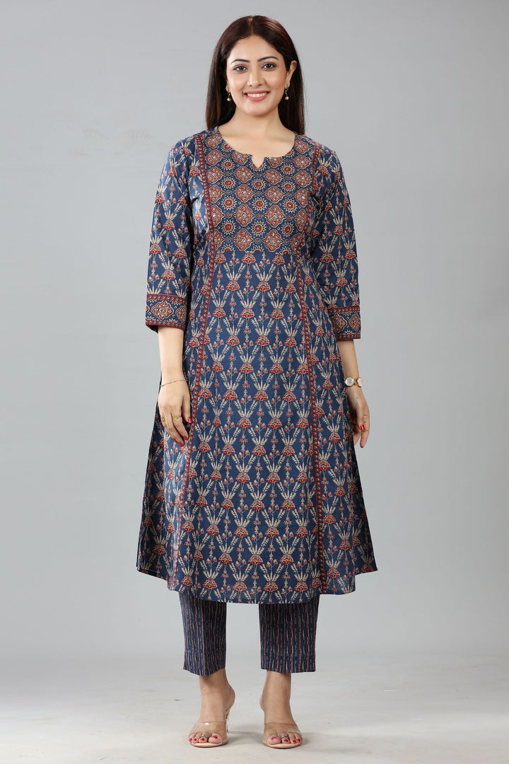 Navy Blue Jaipuri Cotton Printed Kurta Pant Co ord Set