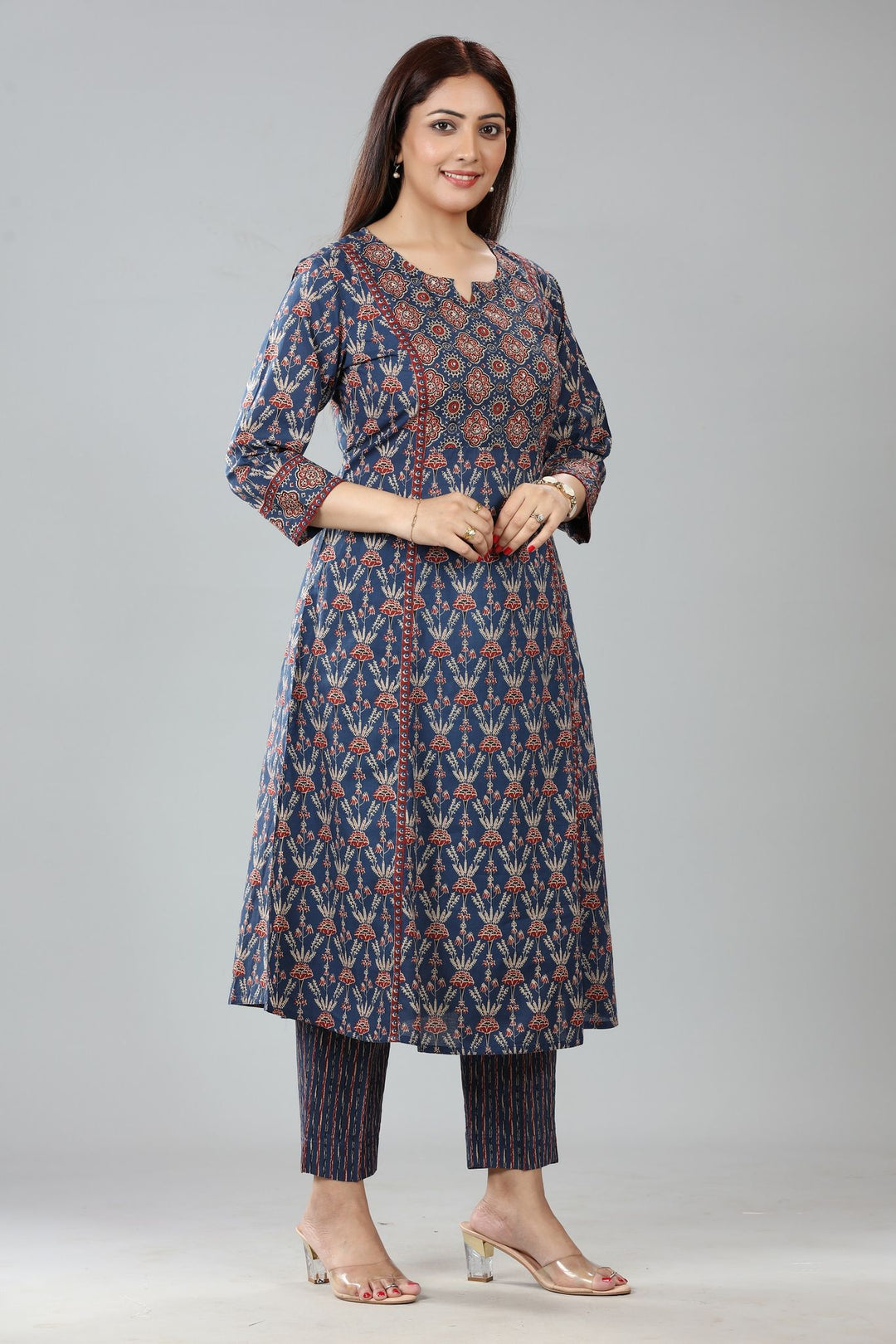 Navy Blue Jaipuri Cotton Printed Kurta Pant Co ord Set