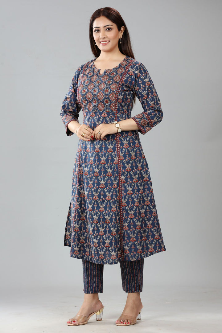 Navy Blue Jaipuri Cotton Printed Kurta Pant Co ord Set