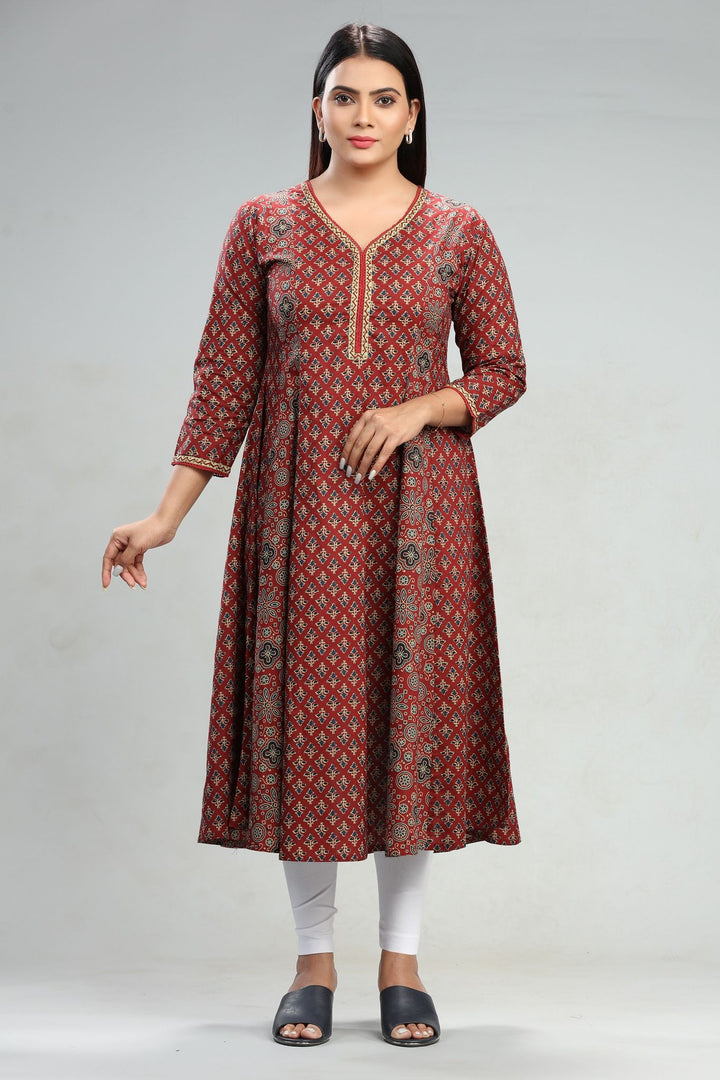 Rust Jaipuri Cotton Flared Printed Kurta