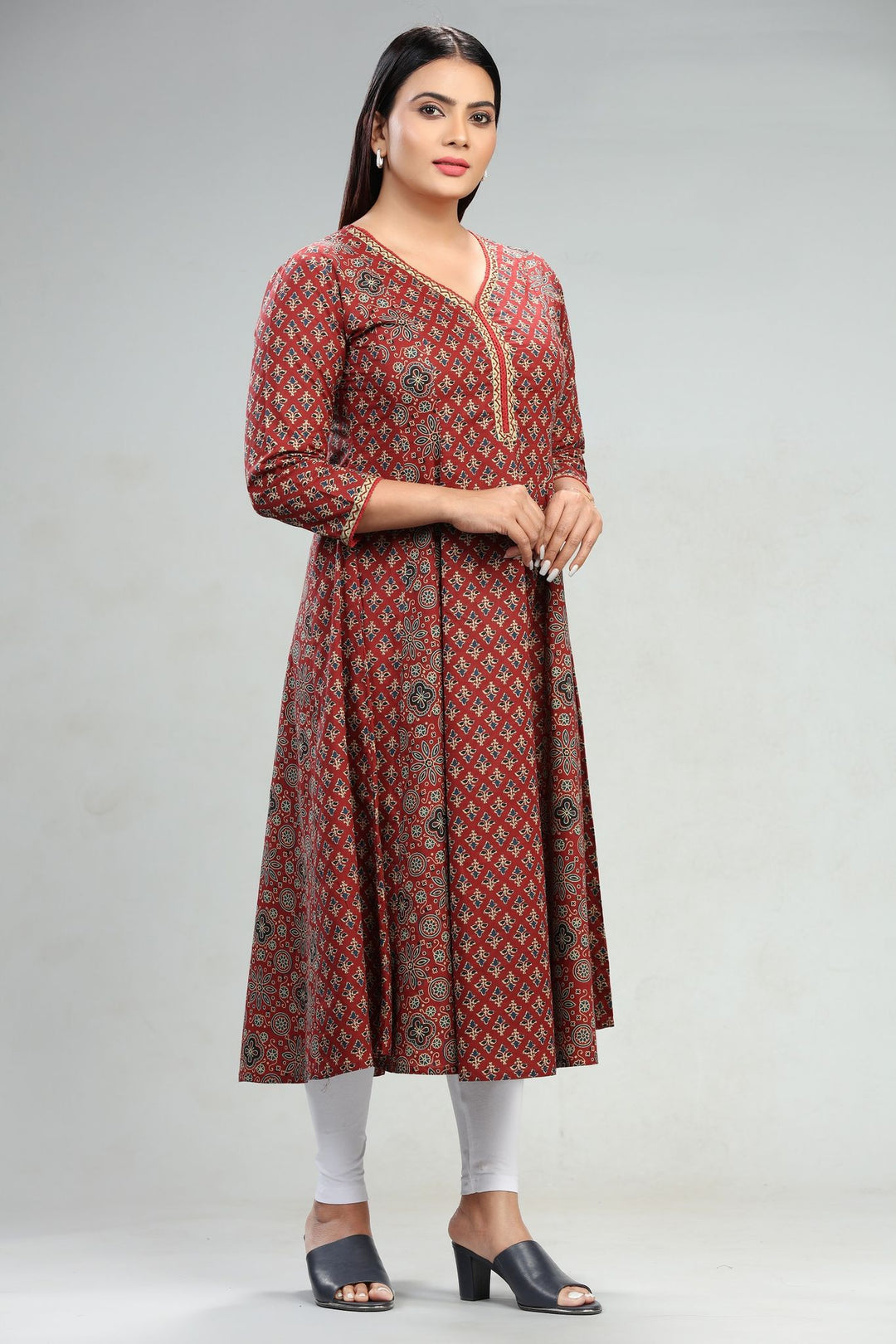 Rust Jaipuri Cotton Flared Printed Kurta