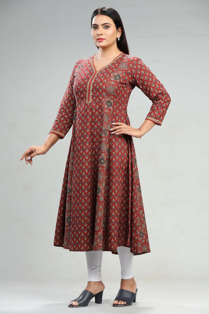 Rust Jaipuri Cotton Flared Printed Kurta