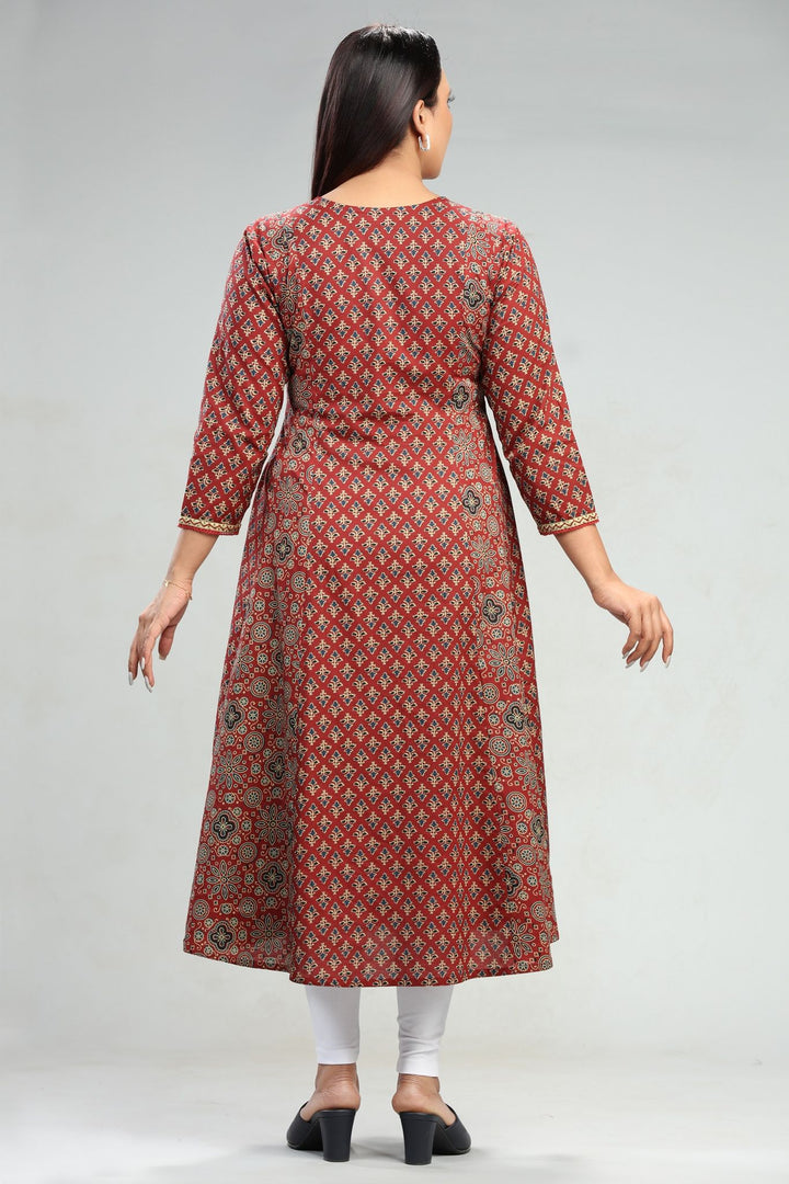 Rust Jaipuri Cotton Flared Printed Kurta