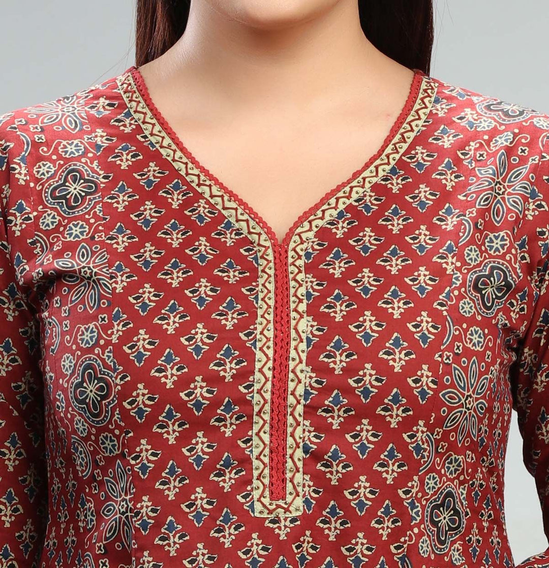 Rust Jaipuri Cotton Flared Printed Kurta