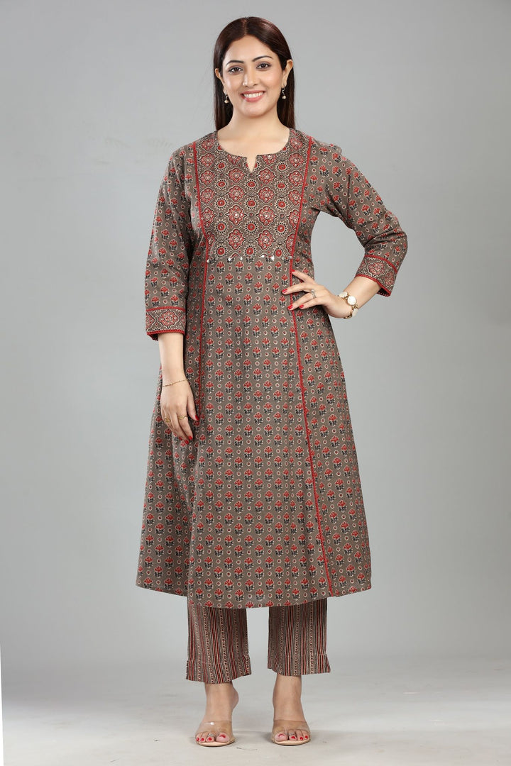 Brown Cotton A Line Printed Kurta Pant Co ord Set