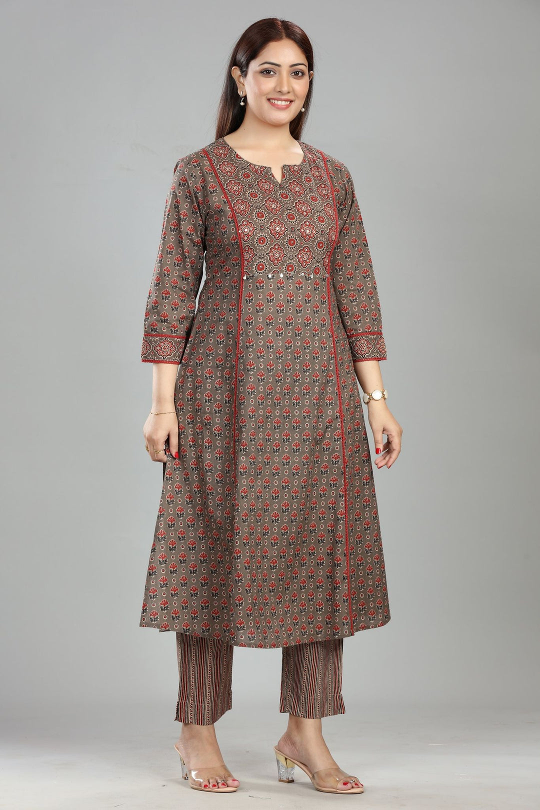 Brown Cotton A Line Printed Kurta Pant Co ord Set