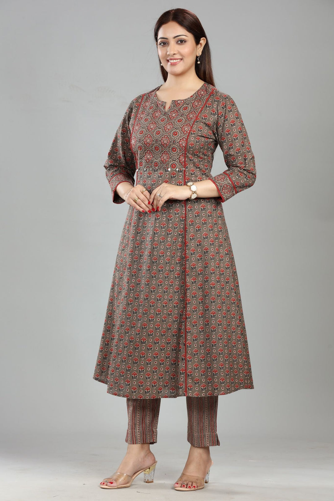 Brown Cotton A Line Printed Kurta Pant Co ord Set