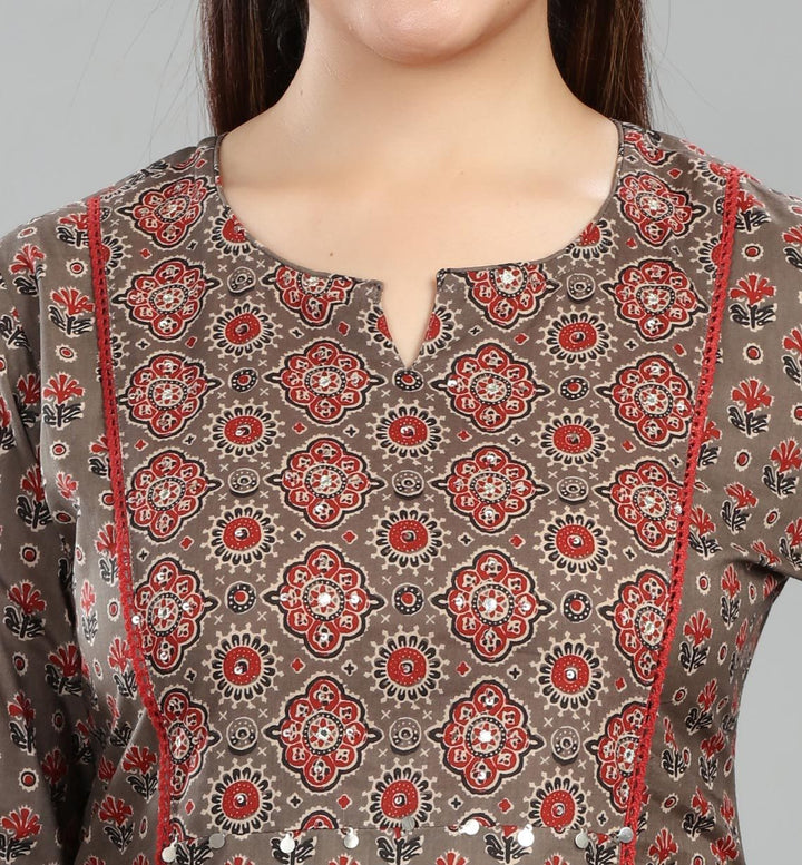 Brown Cotton A Line Printed Kurta Pant Co ord Set