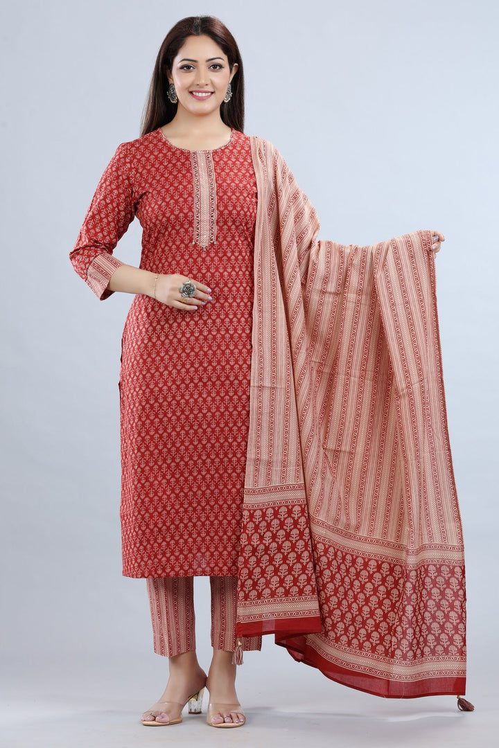 Rust Jaipuri Cotton Straight Printed Kurta Pant Suit Set