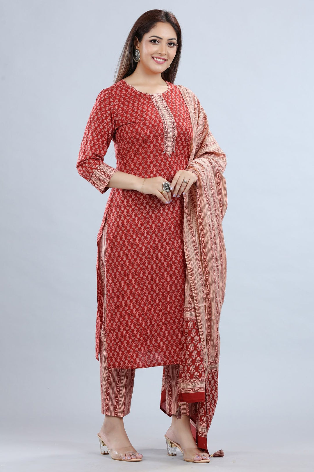 Rust Jaipuri Cotton Straight Printed Kurta Pant Suit Set