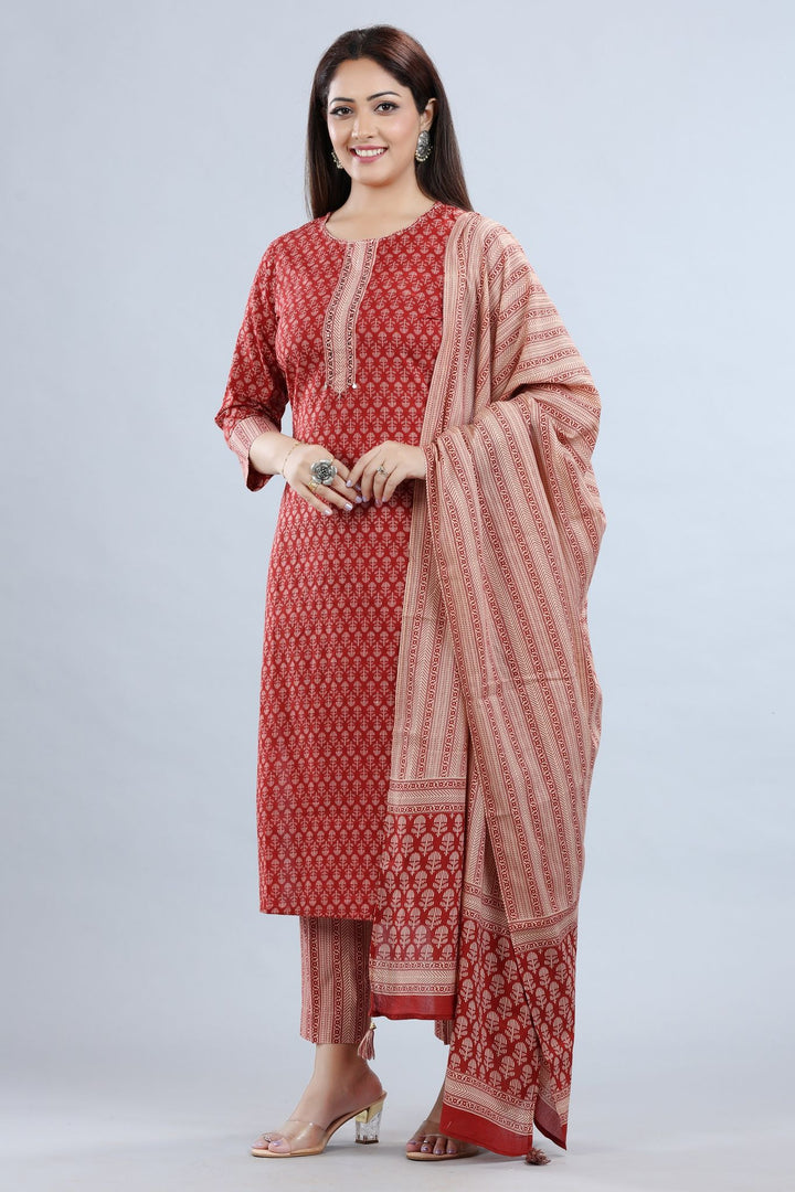 Rust Jaipuri Cotton Straight Printed Kurta Pant Suit Set