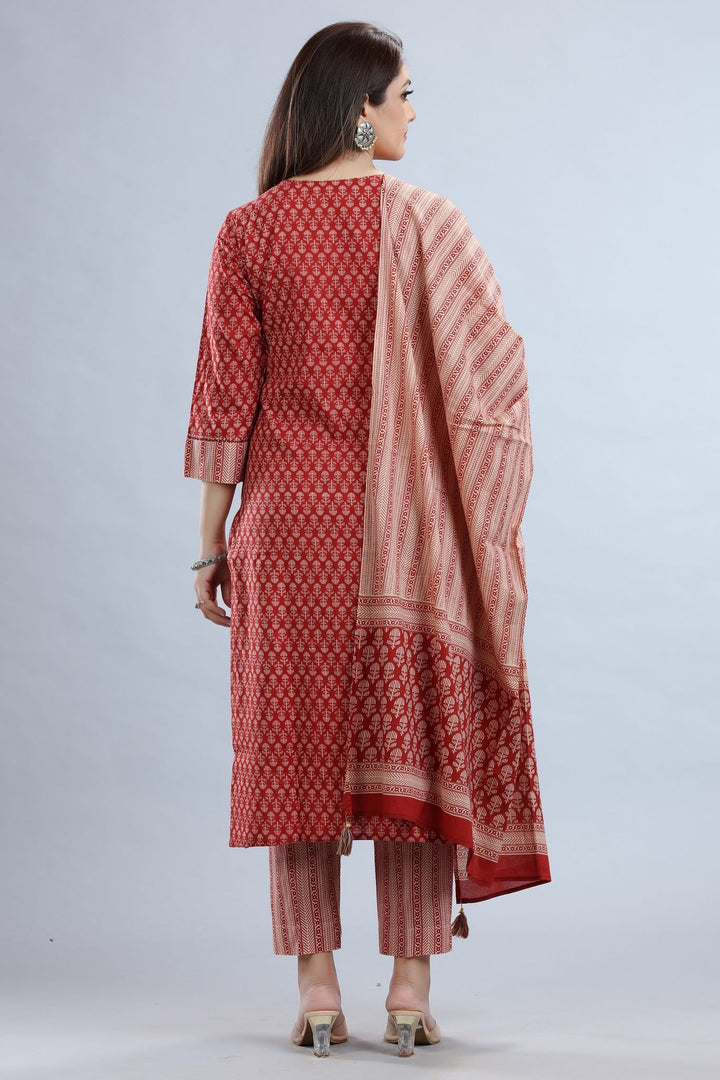 Rust Jaipuri Cotton Straight Printed Kurta Pant Suit Set