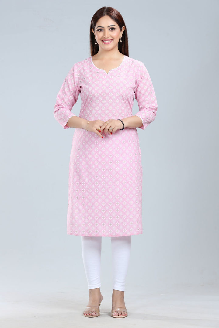 Pink Jaipuri Cotton Straight Printed Kurta