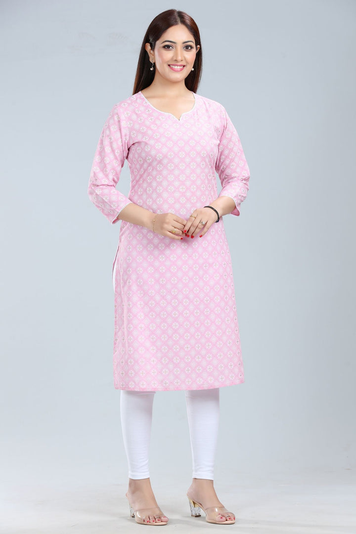 Pink Jaipuri Cotton Straight Printed Kurta