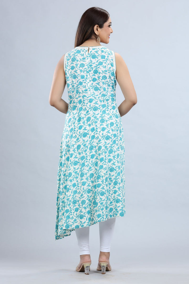 White Cotton A Line Printed Sleeveless Kurt