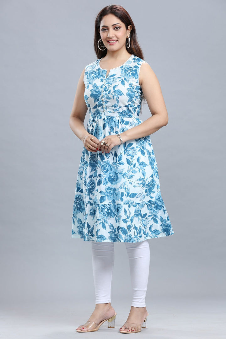 Sky Blue Jaipuri Cotton Printed Sleeveless Kurta