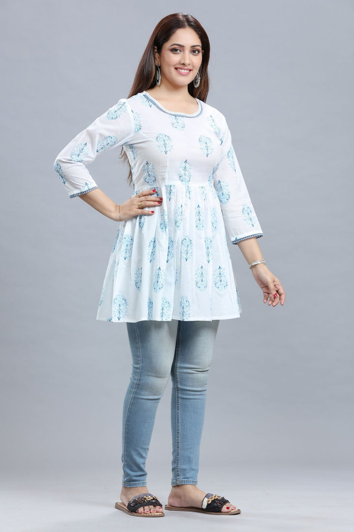 White Jaipuri Cotton Printed Short Kurta